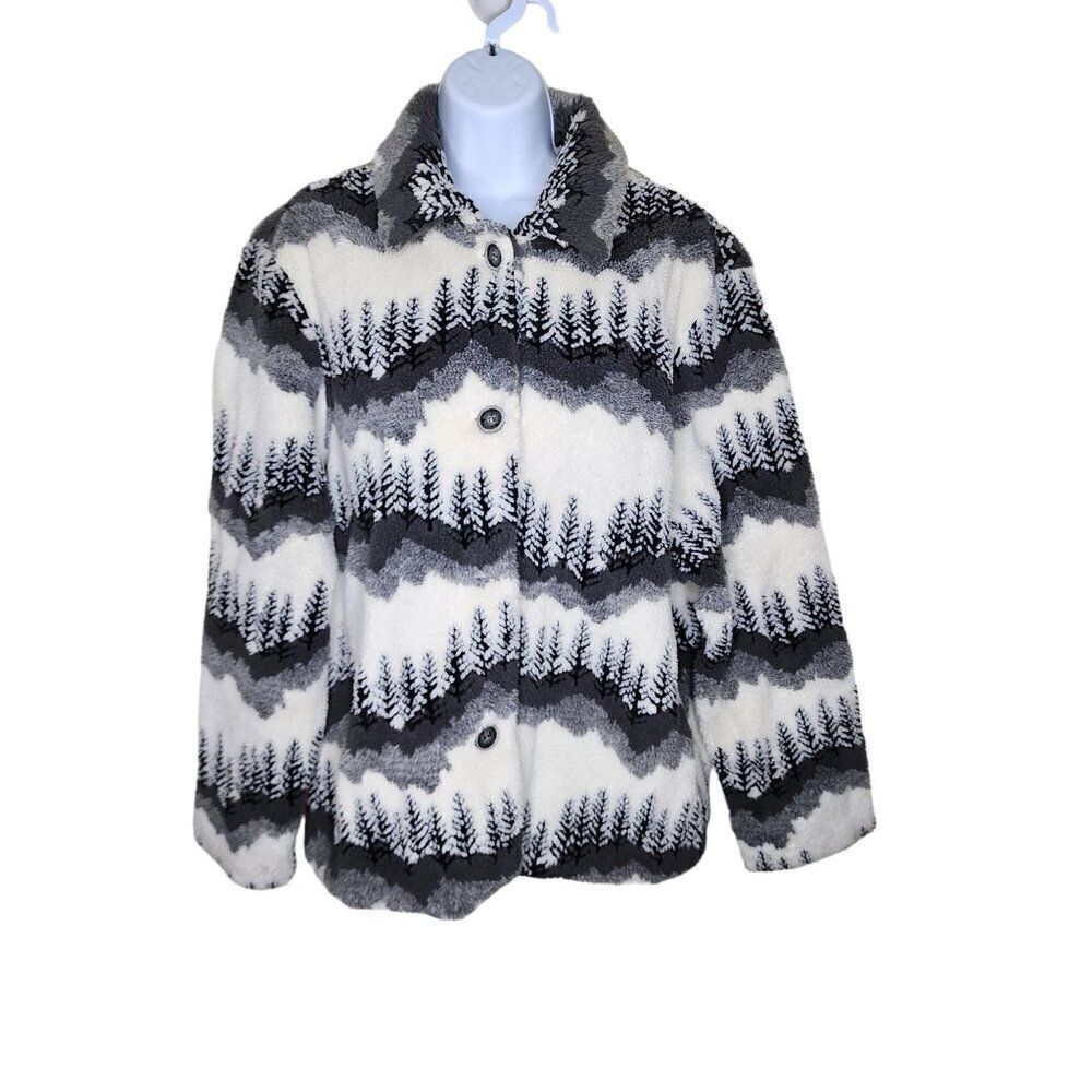 Vintage 90s Willow Ridge Forest Tree AOP Button Up Fleece Sherpa Jacket Womens 2